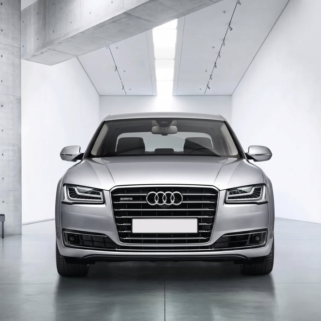 Ön panjur görünümü: krom çerçeveli siyah ızgara, Audi logolu ortalık